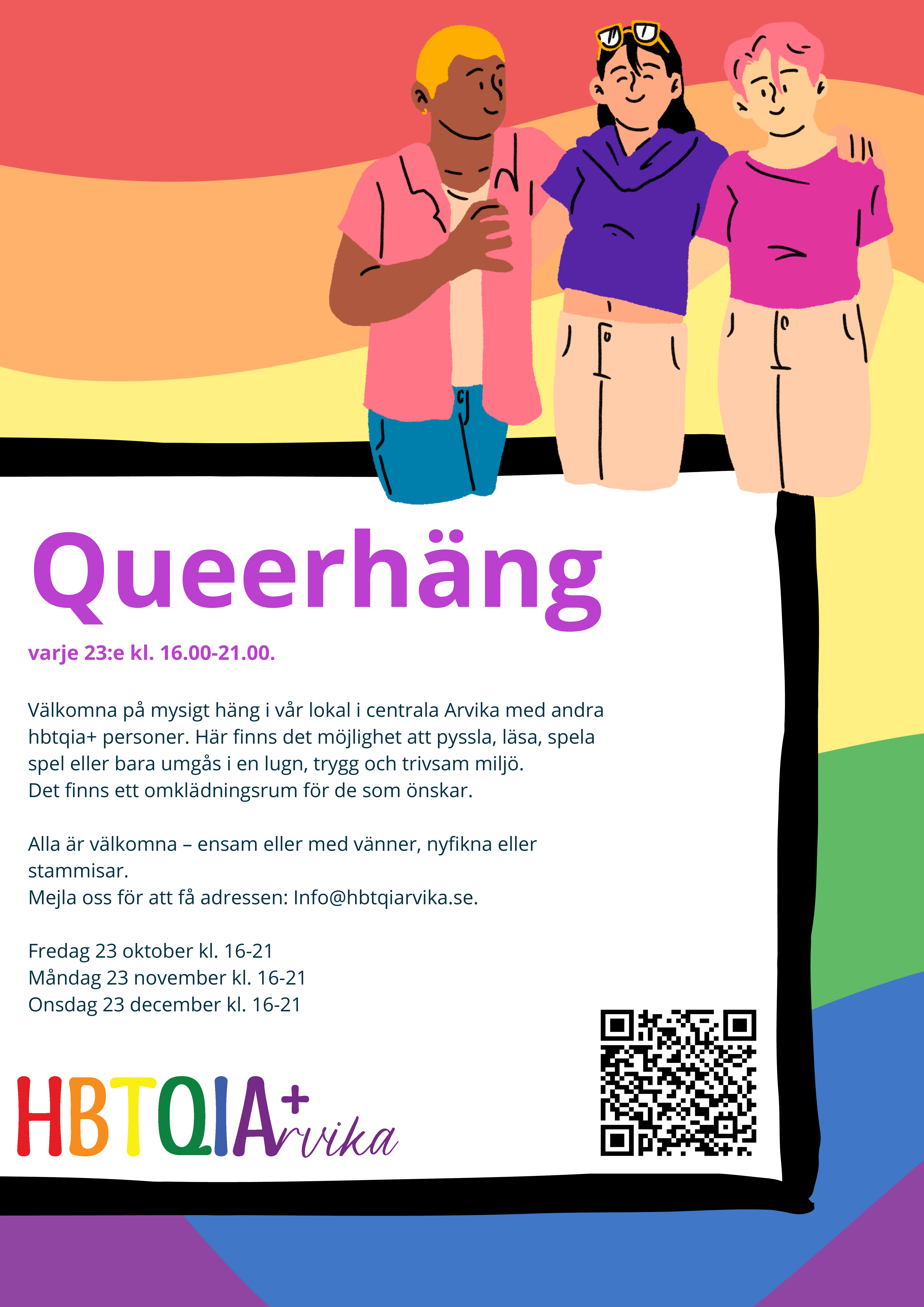 Färgglad affisch för queerhäng. Texten återges under bilden.