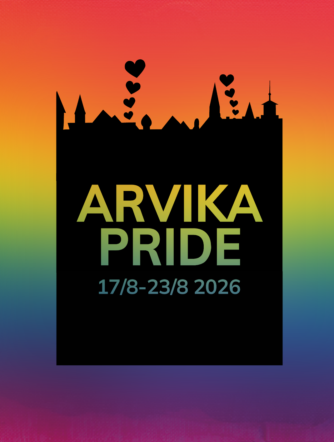Färgglad backgrund med svart fyrkant, toppen är Arvikas konturer, och inuti står texten: Arvika Pride, 17/8-23/8 2026.